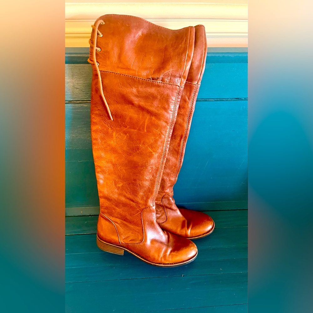 Vince Camuto 9.5 Over the Knee Boots Zip  Lace Up Distressed Leather Sole Brown